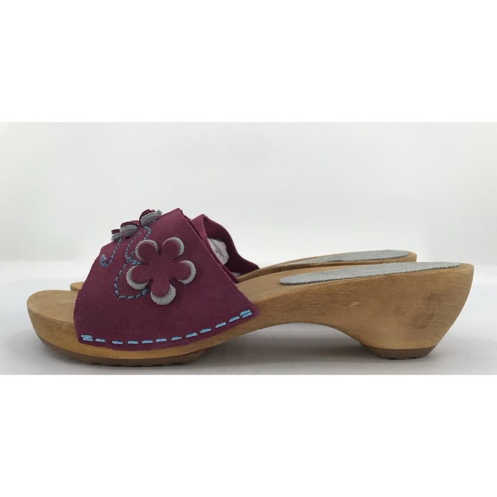 Sanita Sandals Mules Womens Size 39 8-8.5 Purple Floral Suede Wood‎ Embroidered